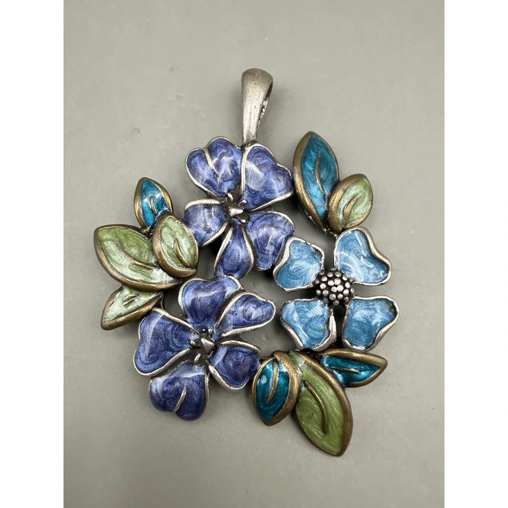 Flower Wreath Pendant Enamel Floral Blue Purple Green Silver Tone Textured Bail